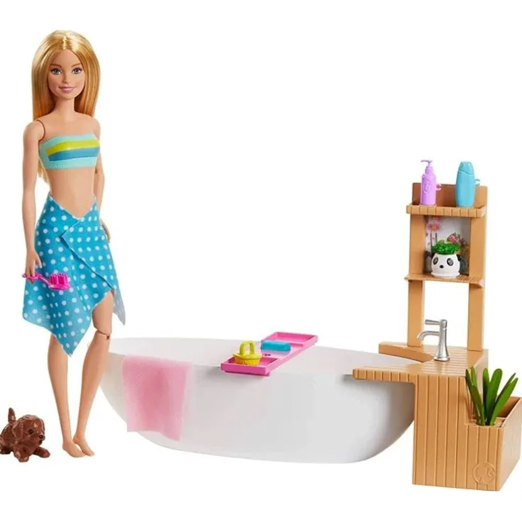Barbie GJN32 - Wellness Sprudelbad Puppe (blond) und Spielset, mit Badewanne, Hündchen und weiteren Zuebhörteilen, Spielzeug ab 3 Jahren