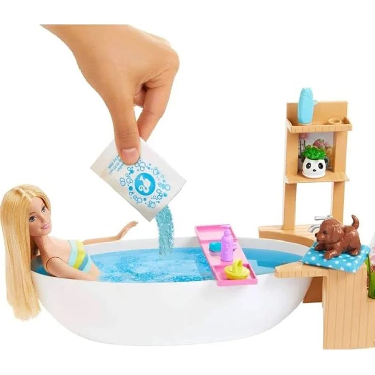 Barbie GJN32 - Wellness Sprudelbad Puppe (blond) und Spielset, mit Badewanne, Hündchen und weiteren Zuebhörteilen, Spielzeug ab 3 Jahren – Bild 4