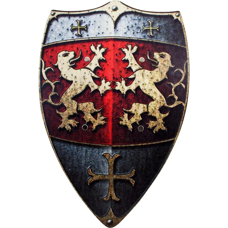 BestSaller 1164 Ritterschild Holz, 49x32 cm, mit Löwen Motiv mit Ledergriff, rot/gold (1 Stück)