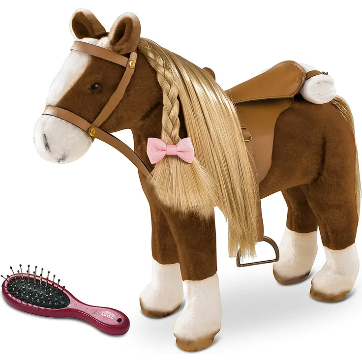 Götz 3402375 Brown Beauty Kämmpferd (Stockmaß 37 cm) - braunes Plüschpferd, Höhe ca. 52 cm für Stehpuppen - mit Sattel, Zaumzeug und Picknickdecke