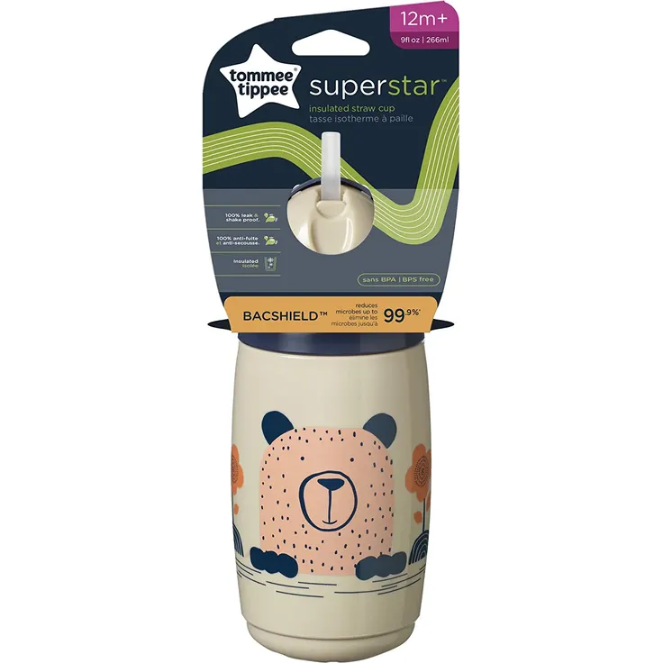 Tommee Tippee Superstar Isolierter Strohhalmbecher, 100% Auslauf- und Schüttelsichere INTELLIVALE-Technologie, Antibakterieller BACSHIELD-Technologie, 12 M. +, 266ml, 1 Stk, Grau – Bild 2