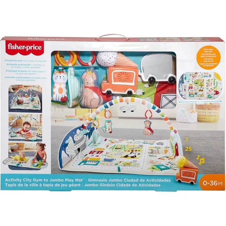 Fisher-Price GJD41 - Jumbo Abenteuer Spieldecke mit Spielzeug, Babyausstattung ab Geburt