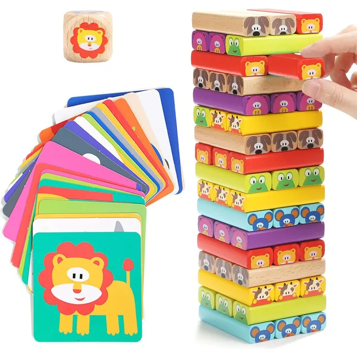 Nene Toys Pädagogisches Kinderspiel ab 3 Jahre - Wackelturm 4 in 1 aus Holz mit Farben und Tieren - Spielzeug für Mädchen und Jungs von 3 bis 9 Jahren - Stapelturm Holz Brettspiel - Preisvergleich