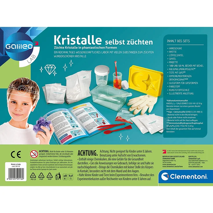 Clementoni 59116 Galileo Science – Kristalle selbst züchten, Experimentierkasten für kleine Wissenschaftler, Spielzeug für Kinder ab 8 Jahren, farbenfrohe Experimente fürs Kinderzimmer – Bild 2