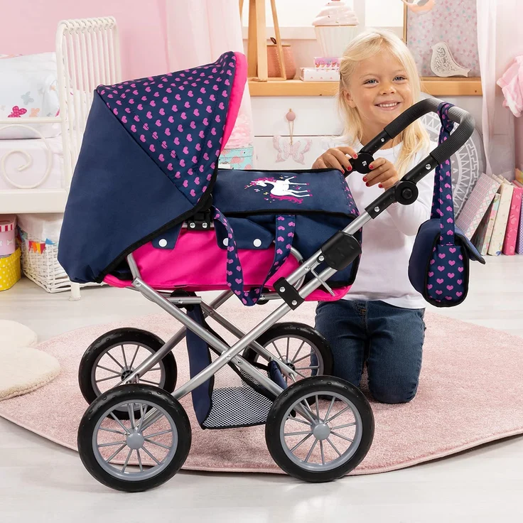 Bayer Design 13654AA City Star in modernen Einhorn Design, Kombi Puppenwagen, mit herausnehmbarer Tragetasche und Umhängetasche, höhenverstellbar, für Puppen bis 46cm, blau rosa – Bild 6