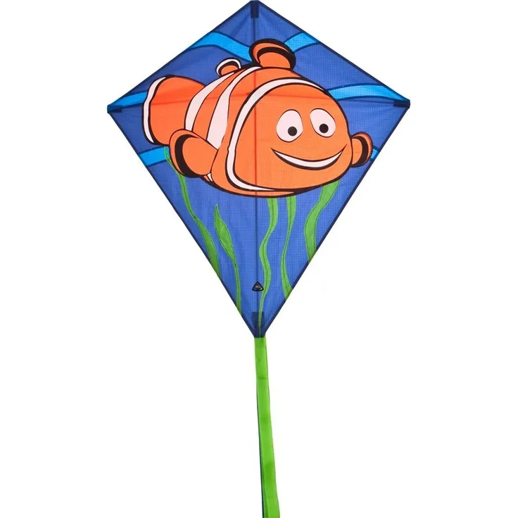 HQ Windspiration 100102 - Eddy Clownfish Kinderdrachen Einleiner, ab 5 Jahren, 68x68cm und 200cm Drachenschwanz, inkl. 17kp Polyesterschnur 40m auf Spule, 2-5 Beaufort