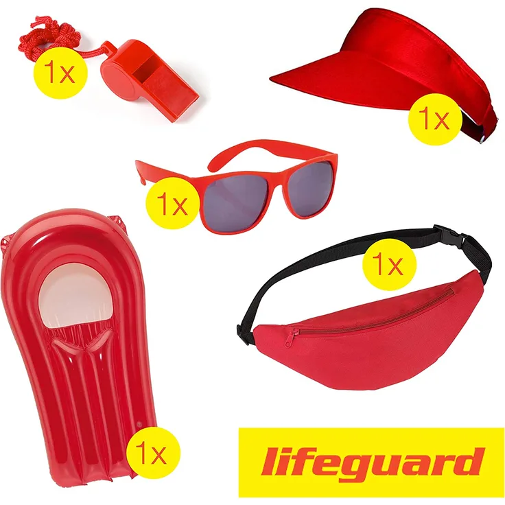 TK Gruppe Timo Klingler 5 in 1 Lifeguard Set Fasching Kostüm Karneval Verkleidung Rettungschwimmer Bademeister Boje Rettungsring Rettungsbrett Schwimmboje wie Baywatch Herren & Damen