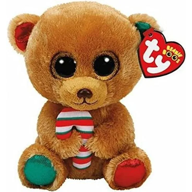 TY Bear 37251 Bella-Bär mit Zuckerstange, 24cm, mit Glitzeraugen, Beanie Boo's, X-Mas limitiert, Mehrfarbig
