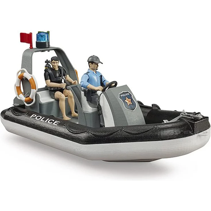 Bruder 62733 bworld Polizei Schlauchboot, Rundumleuchte, 2 Figuren und Zubehör – Bild 1