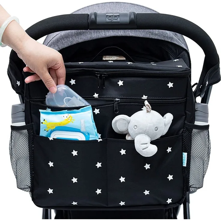 Orzbow XL Buggy Organizer Taschen,22 L Großer Kinderwagen Windel Organizer mit Getränkehaltern und Schulterriemen verwendet als Mom Handtasche & Schultertaschen & Backbag (Schwarzer Stern)