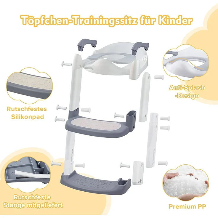 Toilettensitz Kinder, Toilettentrainer mit Leiter &PU Gepolstert, Faltbar Töpfchen für Kinder ab 1-7 Jahren Kids Wc-Sitz für 38-47cm – Bild 2