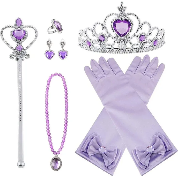 Vicloon Prinzessin Kostüme Zubehör Set of 7, Mädchen Dress up Zubehör mit ELSA Handschuhe, Pfirsichherz Krone, Zauberstab, Ring, Halskette, Ohrring für Geburtstage, Cosplay und Festivals - Lila