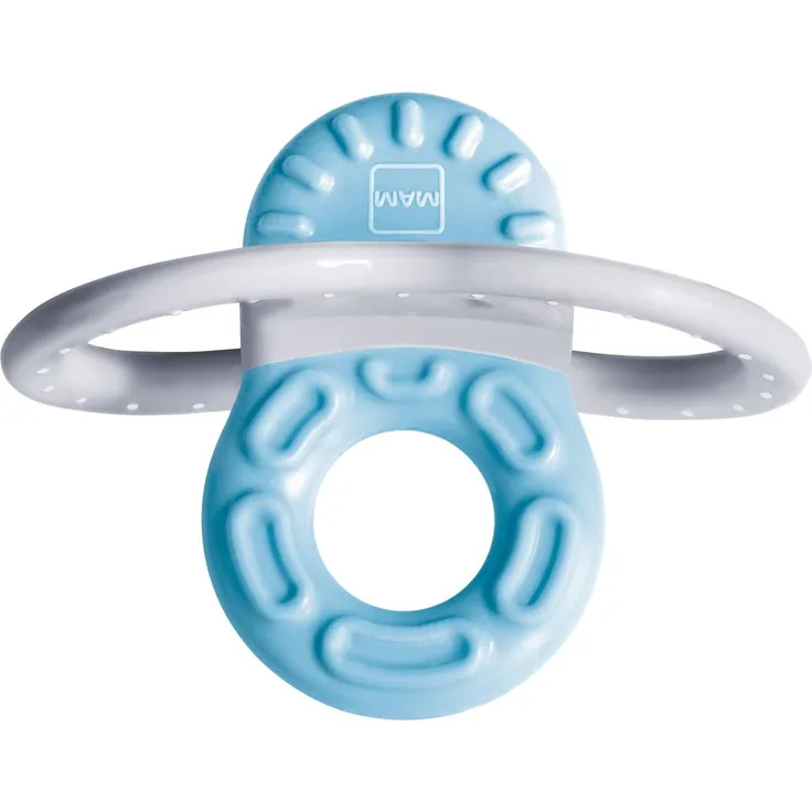 MAM Bite & Relax Phase 1 Mini Beißring, Zahnungshilfe speziell für die Vorderzähne, extra kleiner und leichter Beißring für Babys, ab 2+ Monate, blau