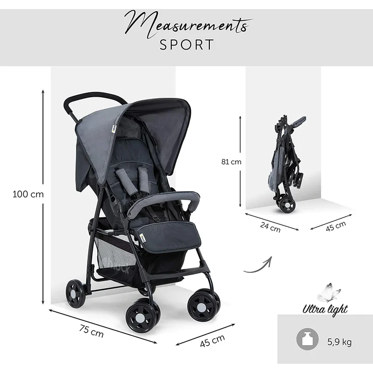 Hauck Buggy Sport, Ultra Leicht - nur 5,9 kg, Klein Zusammenklappbar, Reisebuggy mit Liegefunktion, Sonnenverdeck, Großer Korb, Melange Grau – Bild 3