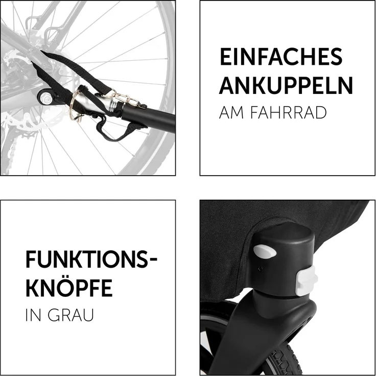 Hauck Fahrrad Anhänger 2 Kinder Dryk Duo inkl. Deichsel, Buggyrad und Fahne, Klappbar, Groß, XL Stauraum, Einfache Befestigung am Fahrrad, Nutzung als Buggy, Grau – Bild 3