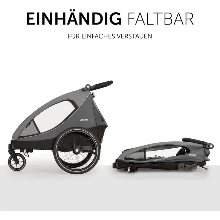 Hauck Fahrrad Anhänger 2 Kinder Dryk Duo inkl. Deichsel, Buggyrad und Fahne, Klappbar, Groß, XL Stauraum, Einfache Befestigung am Fahrrad, Nutzung als Buggy, Grau – Bild 6