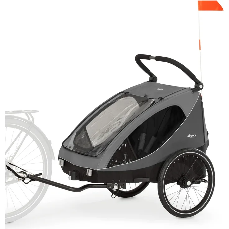 Hauck Fahrrad Anhänger 2 Kinder Dryk Duo inkl. Deichsel, Buggyrad und Fahne, Klappbar, Groß, XL Stauraum, Einfache Befestigung am Fahrrad, Nutzung als Buggy, Grau