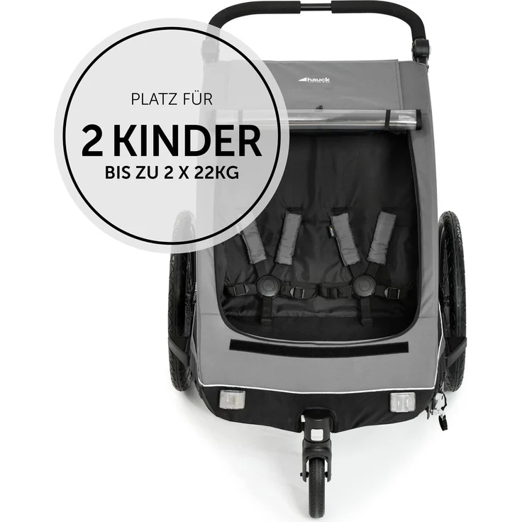 Hauck Fahrrad Anhänger 2 Kinder Dryk Duo inkl. Deichsel, Buggyrad und Fahne, Klappbar, Groß, XL Stauraum, Einfache Befestigung am Fahrrad, Nutzung als Buggy, Grau – Bild 2