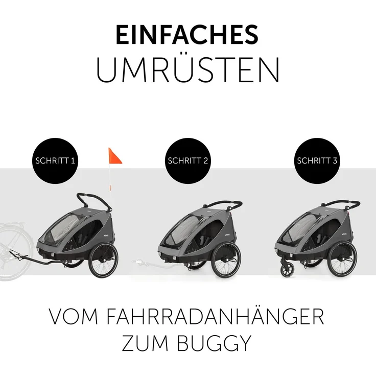 Hauck Fahrrad Anhänger 2 Kinder Dryk Duo inkl. Deichsel, Buggyrad und Fahne, Klappbar, Groß, XL Stauraum, Einfache Befestigung am Fahrrad, Nutzung als Buggy, Grau – Bild 5