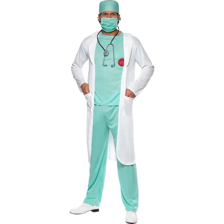 Smiffys, Herren Doktor Kostüm, Oberteil, Hose, Haube, Mundschutz, Klares Namensschild und Kittel, Größe: M, 39482