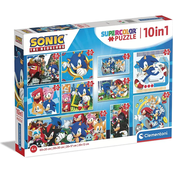 Clementoni 80508 Sonic Supercolor Sonic-10 in 1 (3 18, 30, 2 48 Und 1 Puzzle Mit 60 Teilen), Kinderpuzzle Ab 4 Jahren, Made In Italy, Mehrfarbig