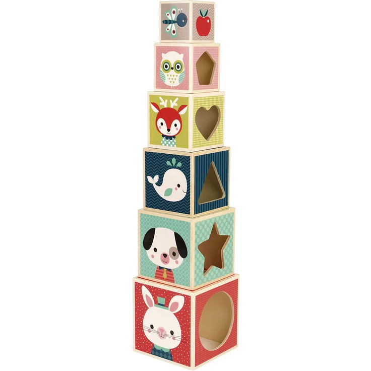 Janod J08016 Stapelpyramide Baby Forest 6 Würfel