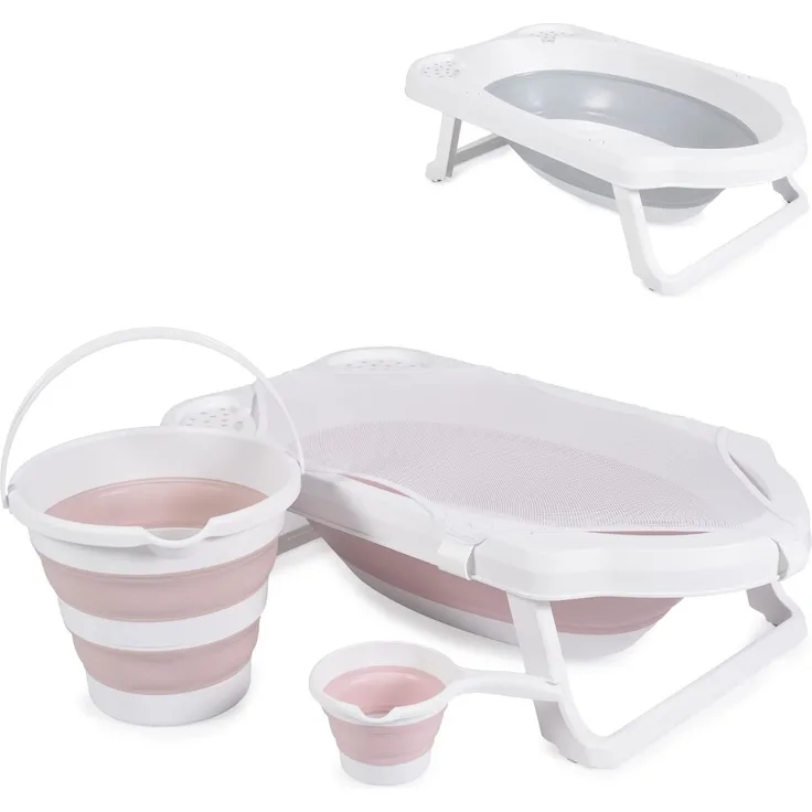Cangaroo Badewannen-Set Hawaii 4-teilig faltbar Wasserablauf Ablagefächer Netz rosa