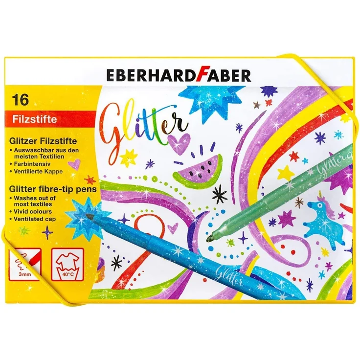 Eberhard Faber 551016 - Glitzer Filzstifte in 16 leuchtenden Farben, Minenstärke 3 mm, auswaschbar, in Hartkartonage, zum Zeichnen, Kolorieren, Basteln und Schreiben – Bild 6