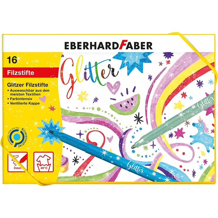 Eberhard Faber 551016 - Glitzer Filzstifte in 16 leuchtenden Farben, Minenstärke 3 mm, auswaschbar, in Hartkartonage, zum Zeichnen, Kolorieren, Basteln und Schreiben – Bild 2