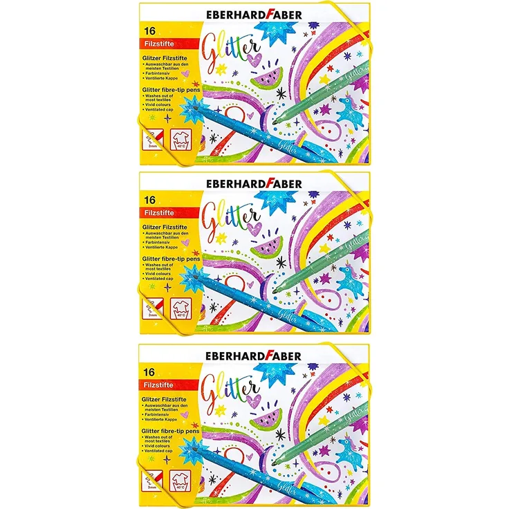 Eberhard Faber 551016 - Glitzer Filzstifte in 16 leuchtenden Farben, Minenstärke 3 mm, auswaschbar, in Hartkartonage, zum Zeichnen, Kolorieren, Basteln und Schreiben