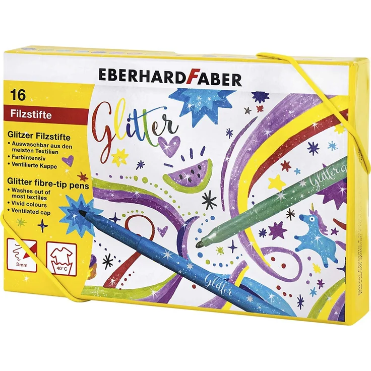 Eberhard Faber 551016 - Glitzer Filzstifte in 16 leuchtenden Farben, Minenstärke 3 mm, auswaschbar, in Hartkartonage, zum Zeichnen, Kolorieren, Basteln und Schreiben – Bild 5