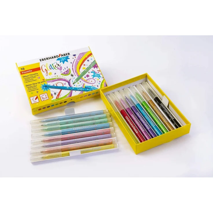 Eberhard Faber 551016 - Glitzer Filzstifte in 16 leuchtenden Farben, Minenstärke 3 mm, auswaschbar, in Hartkartonage, zum Zeichnen, Kolorieren, Basteln und Schreiben – Bild 13