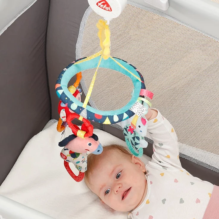 Fehn 055221 Reise-Musik-Mobile COLOR Friends – Mobile mit Melodie "Für Elise" und süßen Figuren – Mit faltbarer Klemmhalterung – Für Babys von 0-5 Monaten – Größe: Ø 17 x 45 cm – Bild 2