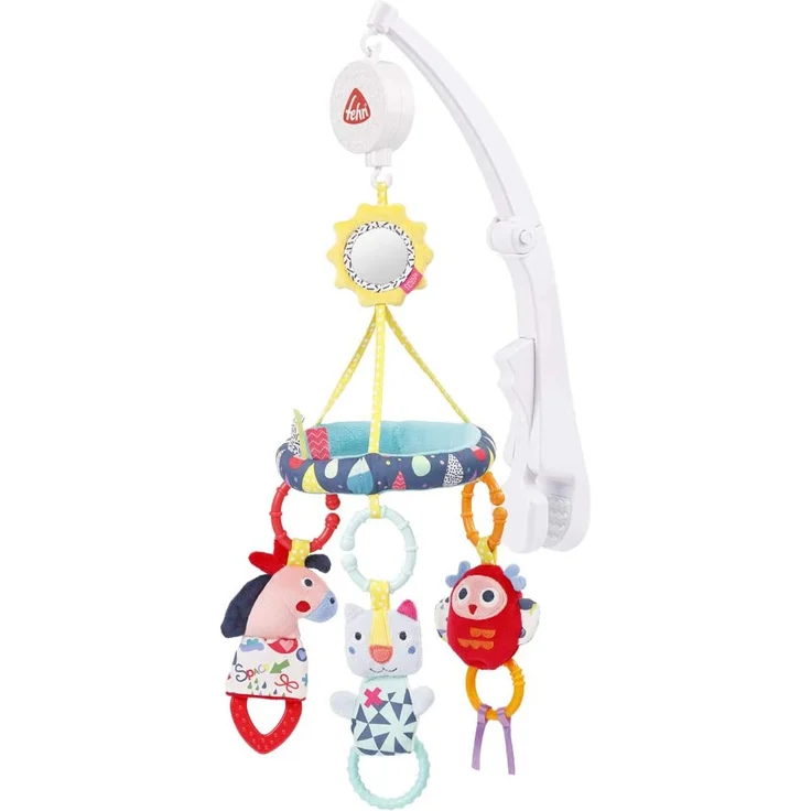Fehn 055221 Reise-Musik-Mobile COLOR Friends – Mobile mit Melodie "Für Elise" und süßen Figuren – Mit faltbarer Klemmhalterung – Für Babys von 0-5 Monaten – Größe: Ø 17 x 45 cm – Bild 1
