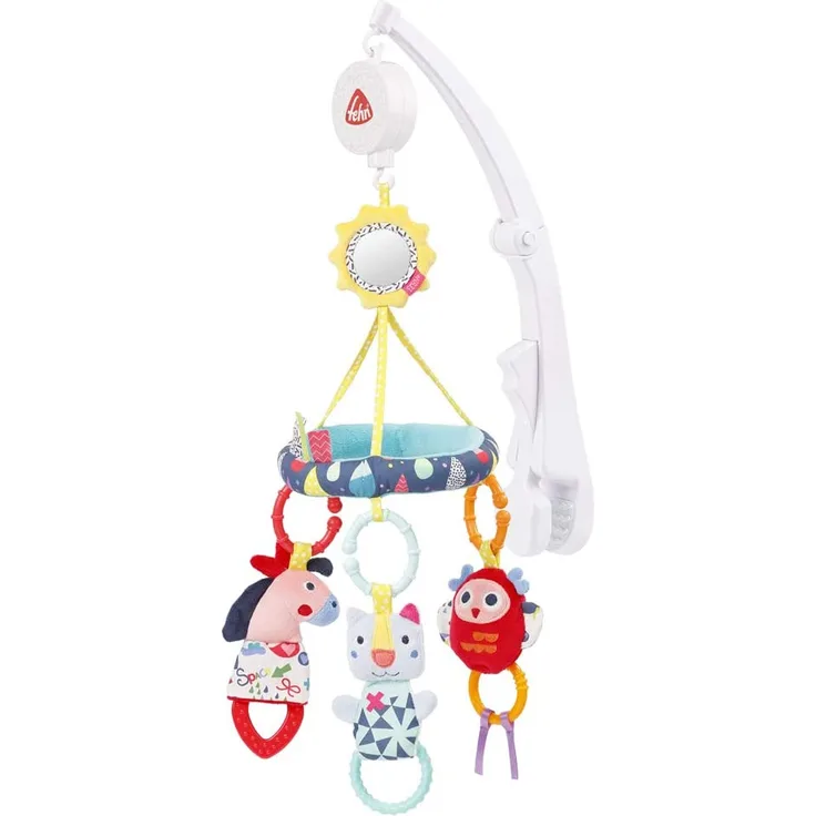 Fehn 055221 Reise-Musik-Mobile COLOR Friends – Mobile mit Melodie "Für Elise" und süßen Figuren – Mit faltbarer Klemmhalterung – Für Babys von 0-5 Monaten – Größe: Ø 17 x 45 cm