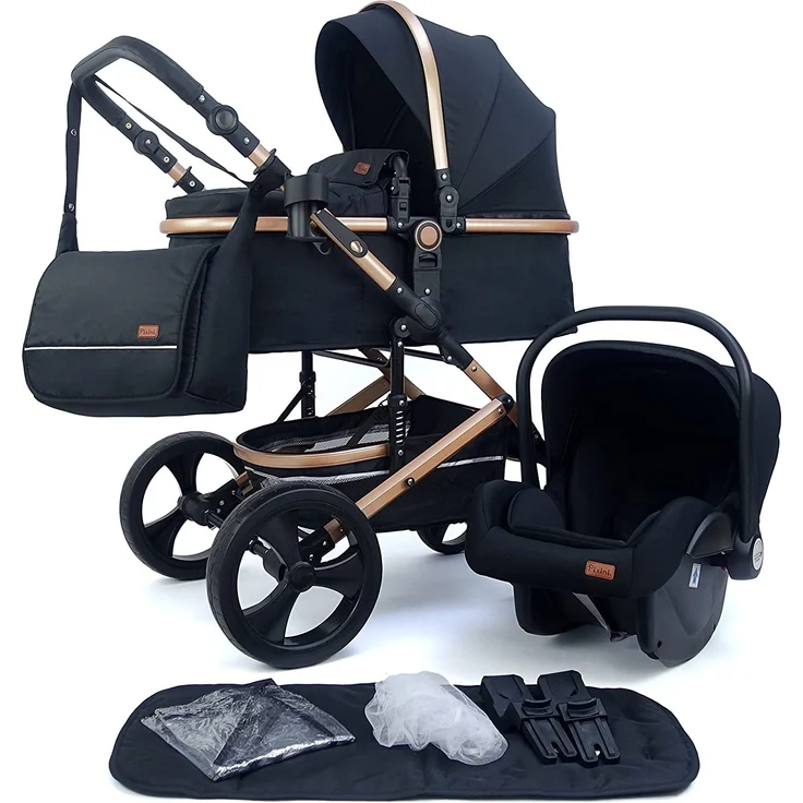 Pixini Kinderwagen Kalani 3in1 oxford schwarz / gold (inkl. Autositz, Regenplane, Wickeltasche,. ) – Bild 1