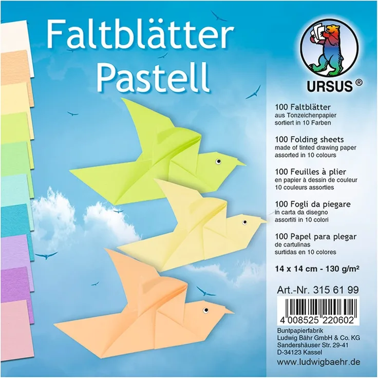 Ursus 3156199 - Faltblätter Pastellfarben, 14 x 14 cm, 100 Blatt, sortiert in 10 Farben