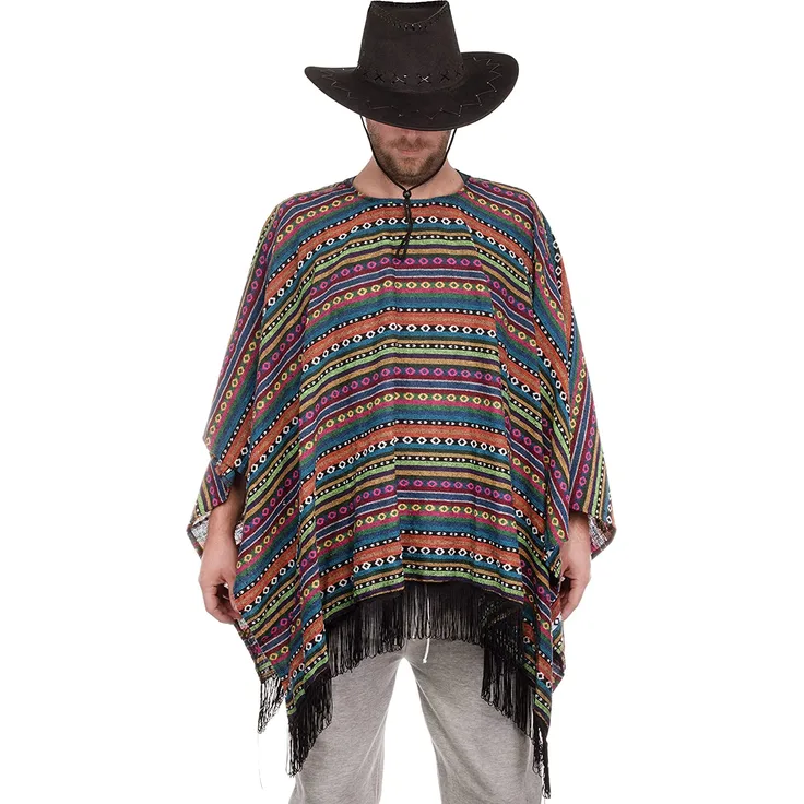 Brandsseller Poncho Mexiko mit Fransen Verkleidung Umhang Einheitsgröße für Erwachsene -gewebte Struktur- Mehrfarbig