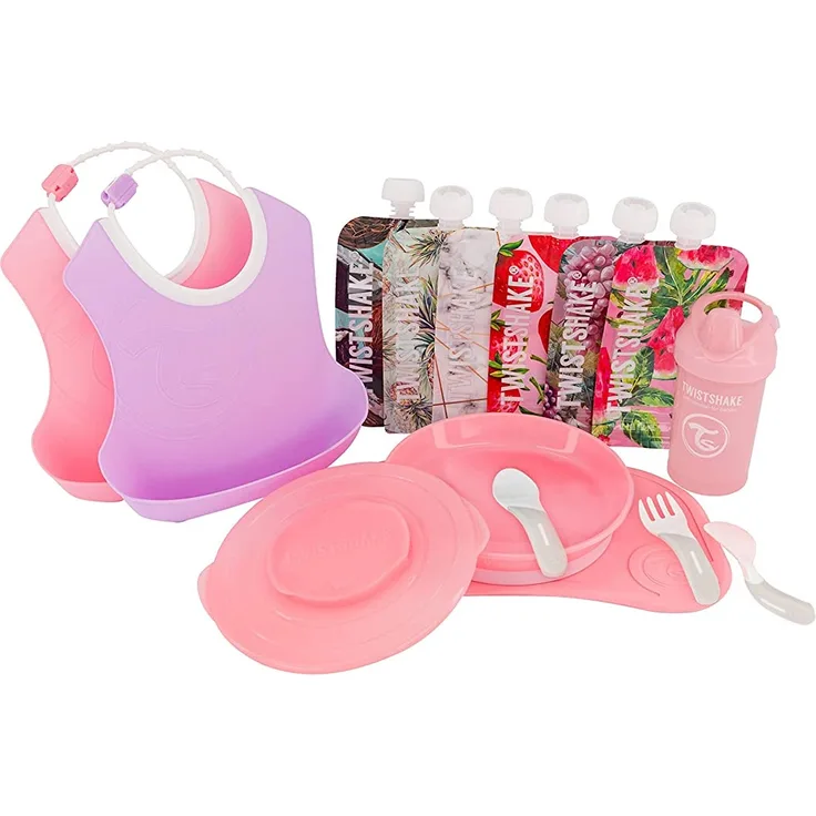 Twistshake Kindergeschirrset Click-mat Mini mit 2x Lätzchen, Trinklernflasche, 6x Quetschies, BPA Frei, Pink, Lila