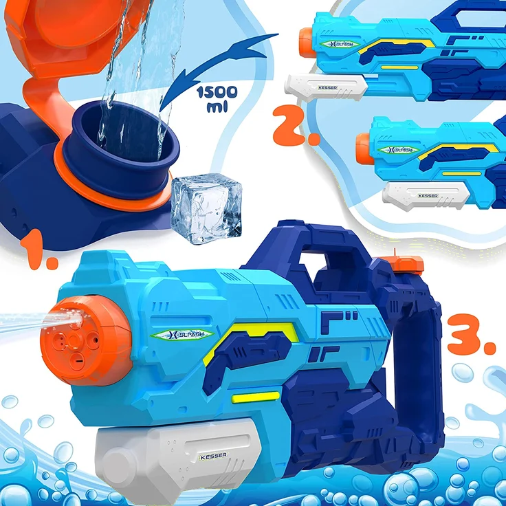 KESSER® Wasserpistole 2er Set Wasserpistolen Spritzpistolen Reichweite 10-11 Meter, Fassungsvermögen 1500ml Wasserspaß Strand Spielzeug im Freien für Kinder und Erwachsene Strandpool Blau / Hellblau – Bild 8