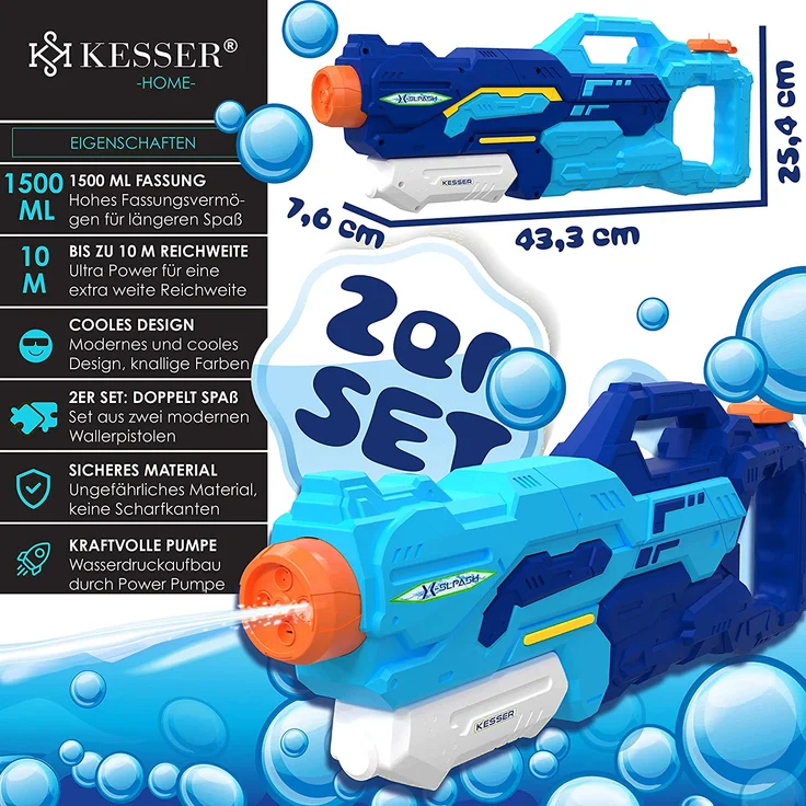 KESSER® Wasserpistole 2er Set Wasserpistolen Spritzpistolen Reichweite 10-11 Meter, Fassungsvermögen 1500ml Wasserspaß Strand Spielzeug im Freien für Kinder und Erwachsene Strandpool Blau / Hellblau – Bild 2