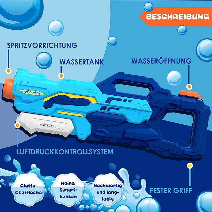 KESSER® Wasserpistole 2er Set Wasserpistolen Spritzpistolen Reichweite 10-11 Meter, Fassungsvermögen 1500ml Wasserspaß Strand Spielzeug im Freien für Kinder und Erwachsene Strandpool Blau / Hellblau – Bild 3