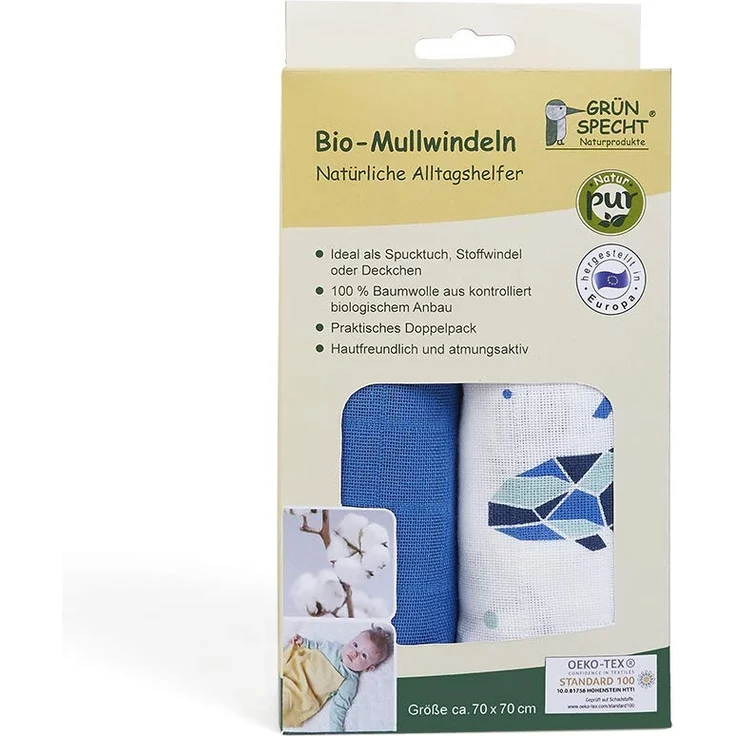 GRÜNSPECHT Bio-Mullwindeln 70x70cm aus 100 % Baumwolle (kbA), Spucktücher, ohne optische Aufheller, hautfreundlich & saugstark, 2 Stück, blau und Meerestiere (690-V2) – Bild 2