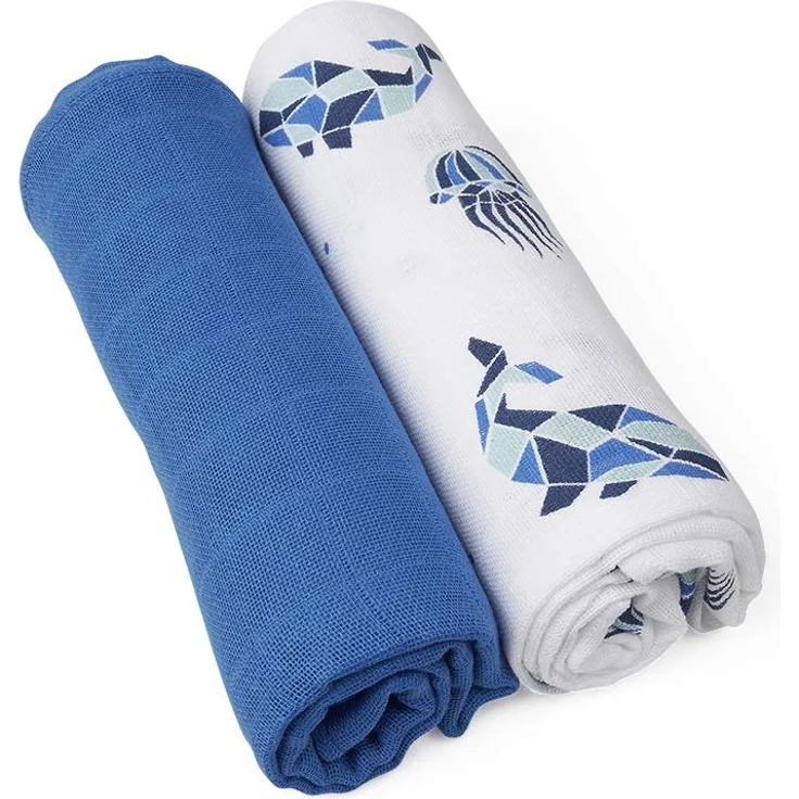 GRÜNSPECHT Bio-Mullwindeln 70x70cm aus 100 % Baumwolle (kbA), Spucktücher, ohne optische Aufheller, hautfreundlich & saugstark, 2 Stück, blau und Meerestiere (690-V2) – Bild 1