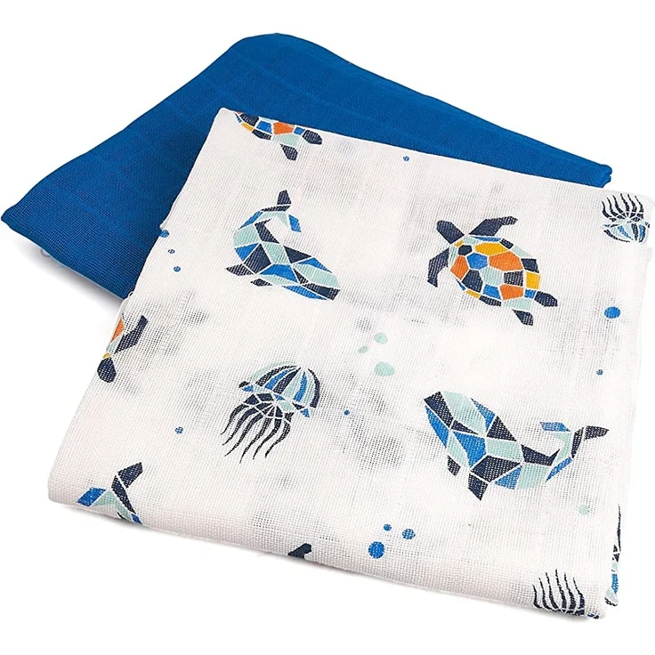 GRÜNSPECHT Bio-Mullwindeln 70x70cm aus 100 % Baumwolle (kbA), Spucktücher, ohne optische Aufheller, hautfreundlich & saugstark, 2 Stück, blau und Meerestiere (690-V2) – Bild 3
