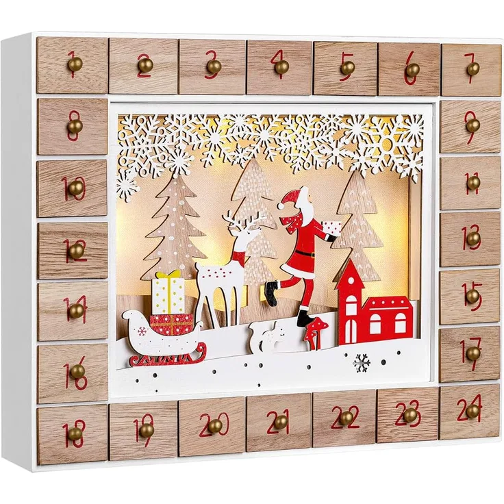 Spielwerk Wiederverwendbarer Adventskalender zum Befüllen LED warm-weiß 3D Fenster 24 Türchen Weihnachten Kinder DIY Holz Dekoration