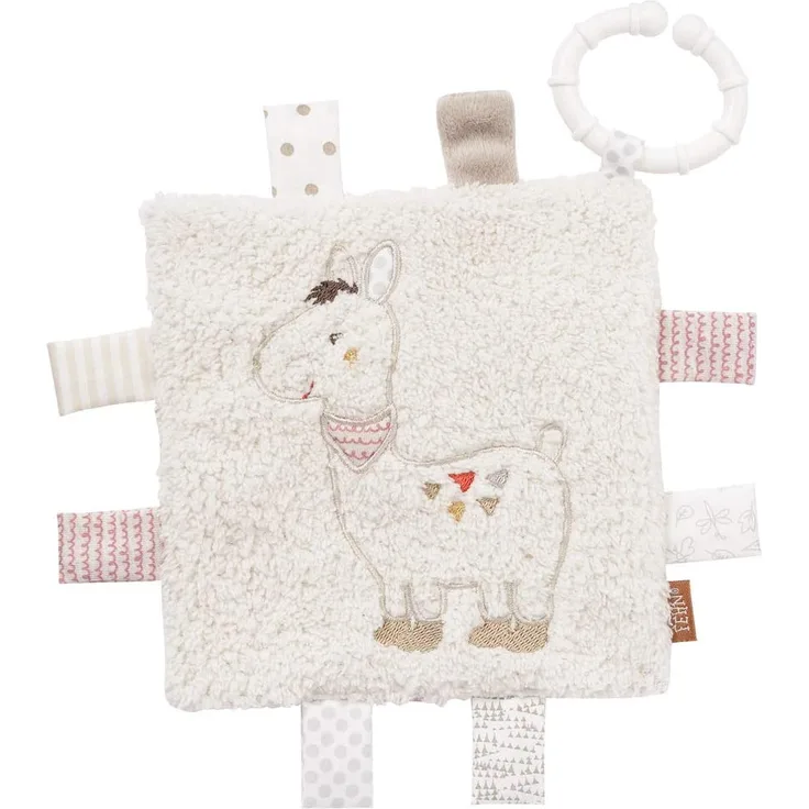 Fehn 058178 Knistertuch Lama mit Ring – Activity-Rascheltuch zum Aufhängen – Für Babys und Kleinkinder ab 0+ Monaten – Maße: 16 x 16 cm