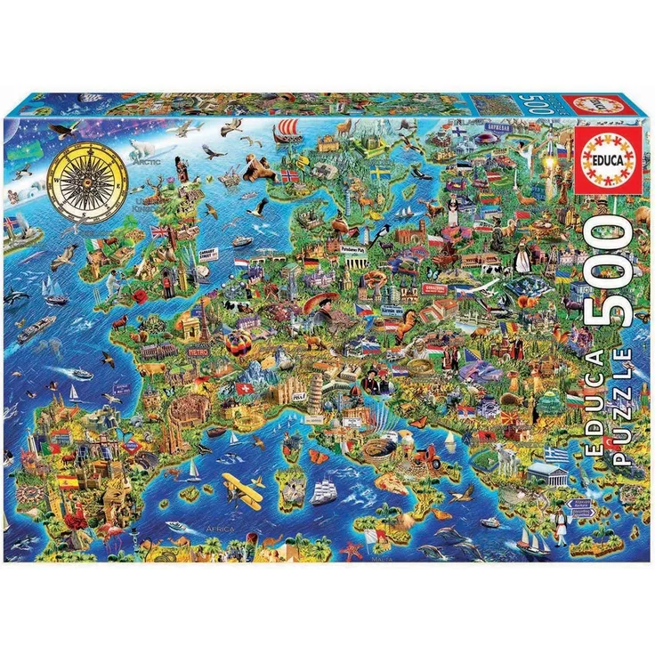 Educa Borras 17962 500 Verrückte Europa-Landkarte Puzzle, Multicolor