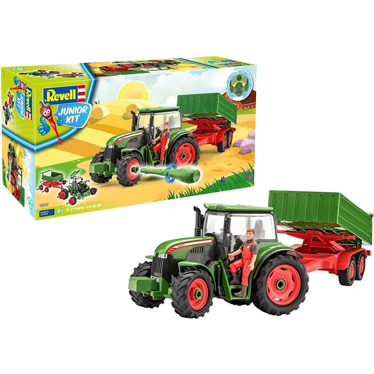 Revell 00817 Junior Kit-Traktor mit Anhänger und Spielfigur 4 der Bausatz mit dem Schraubsystem für Kinder ab 4 Jahre, Bauen-Schrauben-Spielen, mit tollen Funktionen, grün, Länge ca. 46 cm
