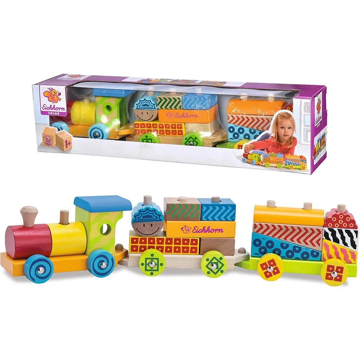 Eichhorn 100002223 - Kleiner Zug mit 15 Bausteinen, 18-tlg., 41cm lang, Birkenholz, Motorikspiel – Bild 1